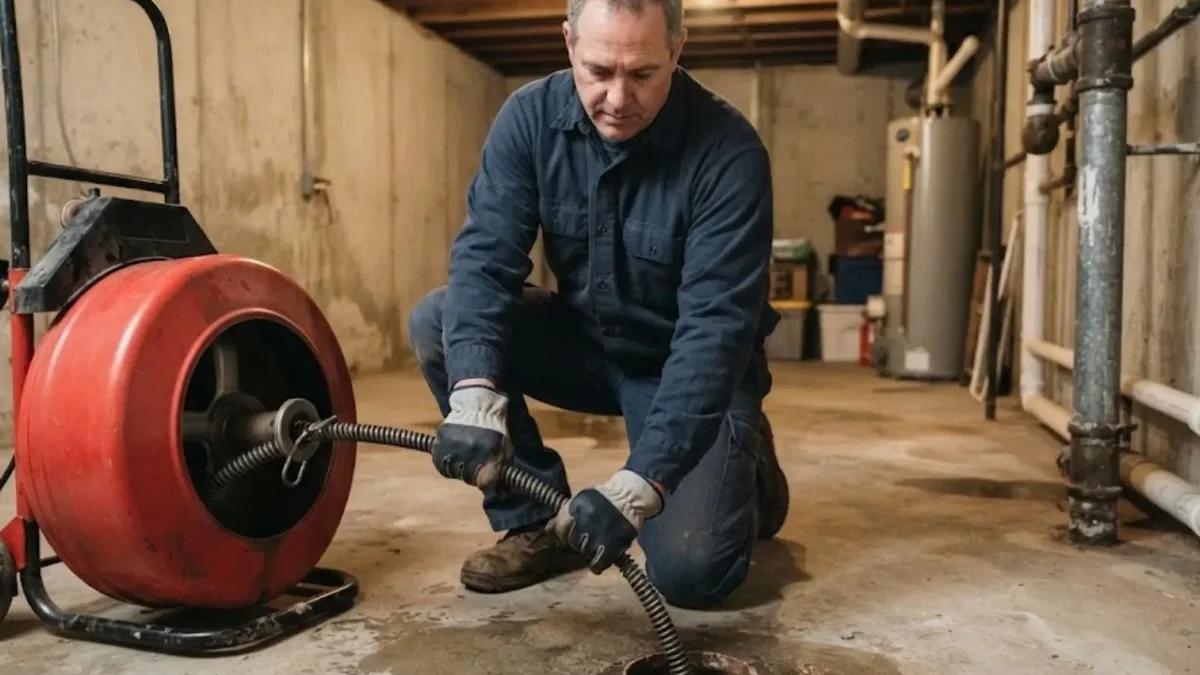 Plumber feeding a drain cable from a red drum machine in a basement