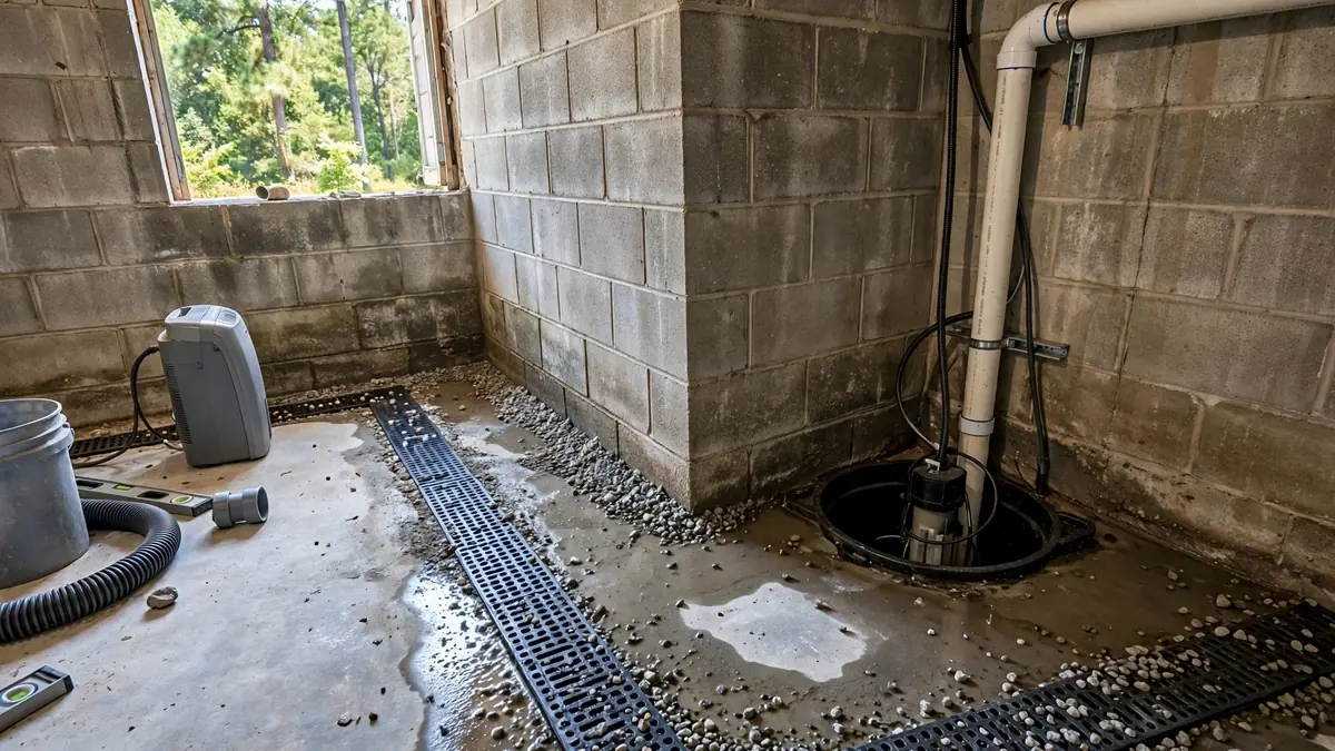 Basement perimeter drain channel and sump pit along a block wall
