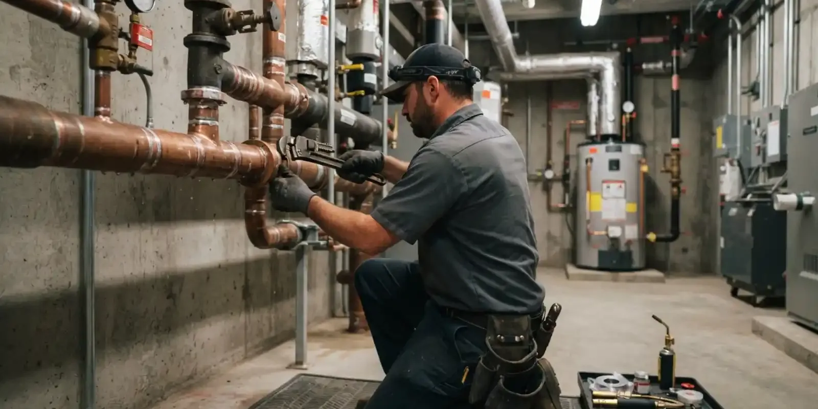 Plumber working on copper piping in a commercial mechanical room