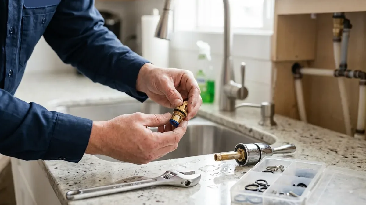 Hands holding a faucet cartridge beside a wrench and spare parts
