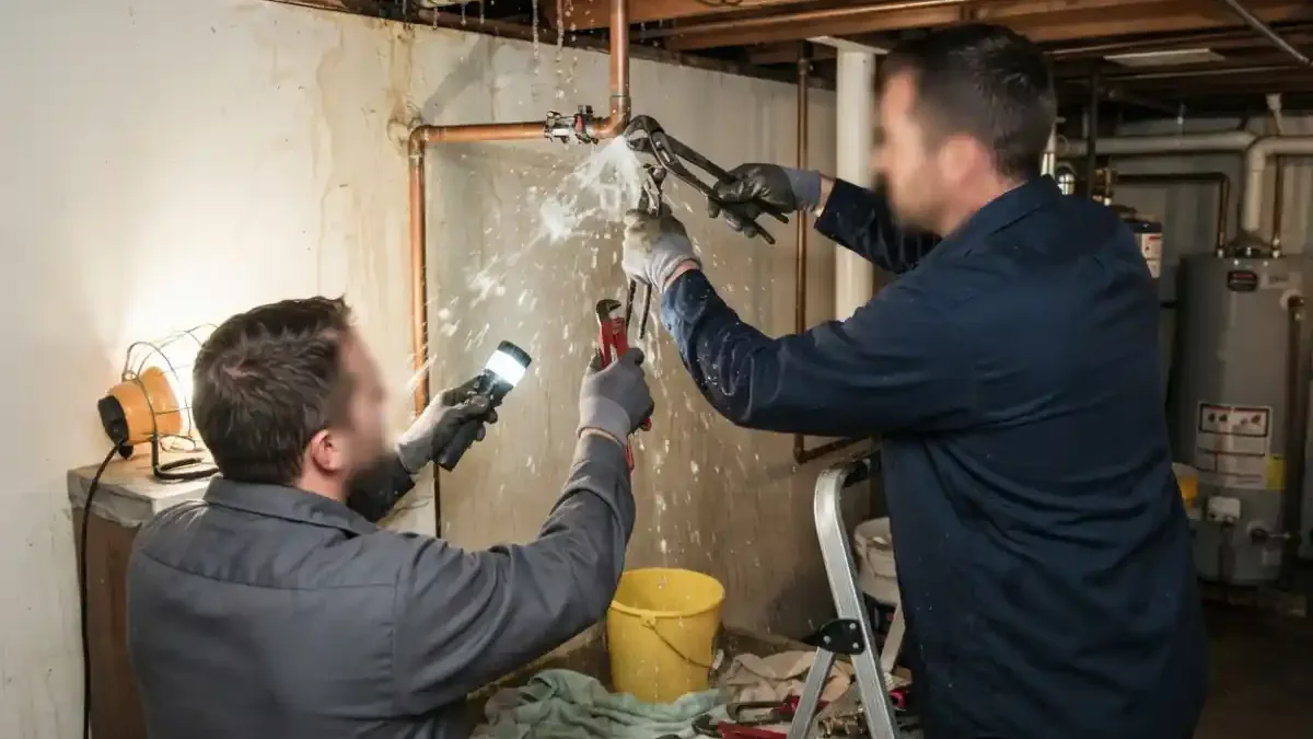 Two plumbers repairing a leaking pipe in a basement