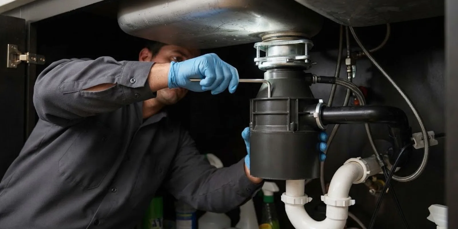 Plumber working on a garbage disposal under a kitchen sink