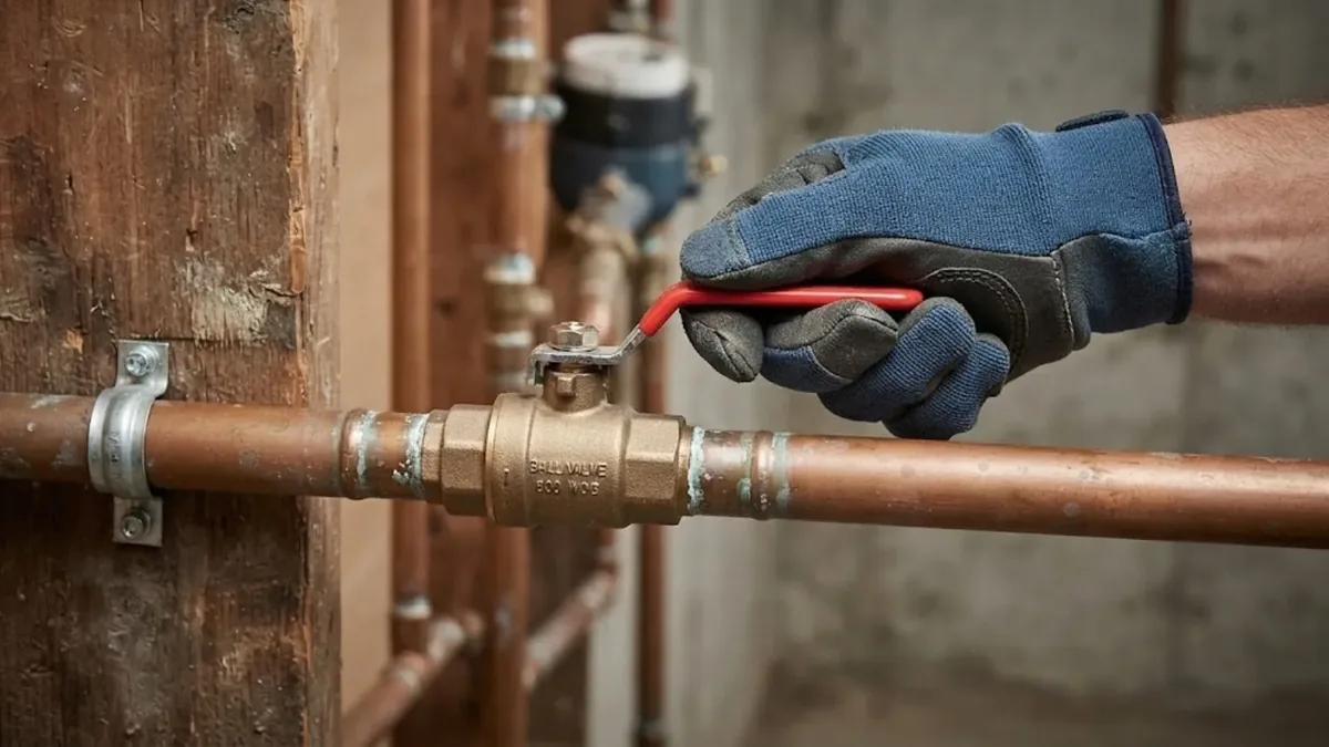 Gloved hand turning a brass main water shutoff valve beside the water meter
