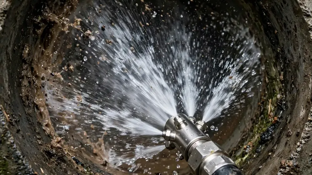High pressure water jet nozzle spraying inside a pipe