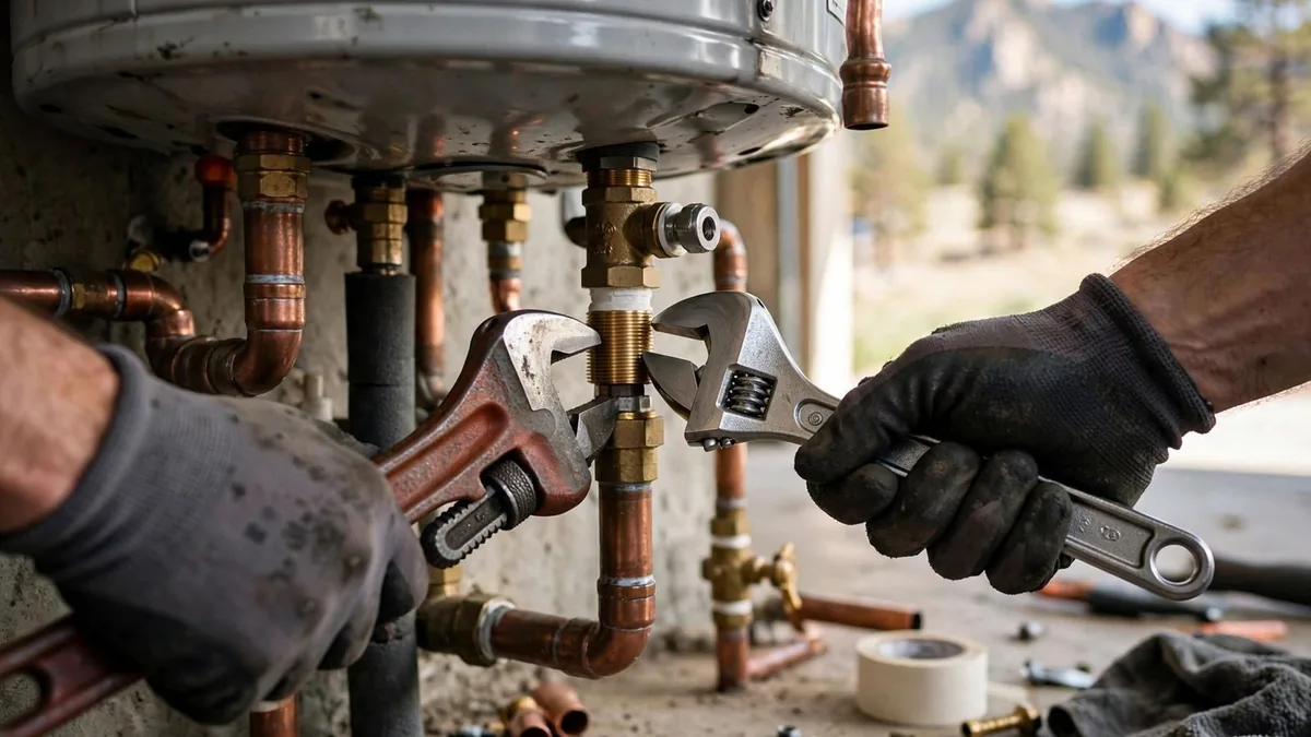 Gloved hands tightening water heater pipe fittings with two wrenches