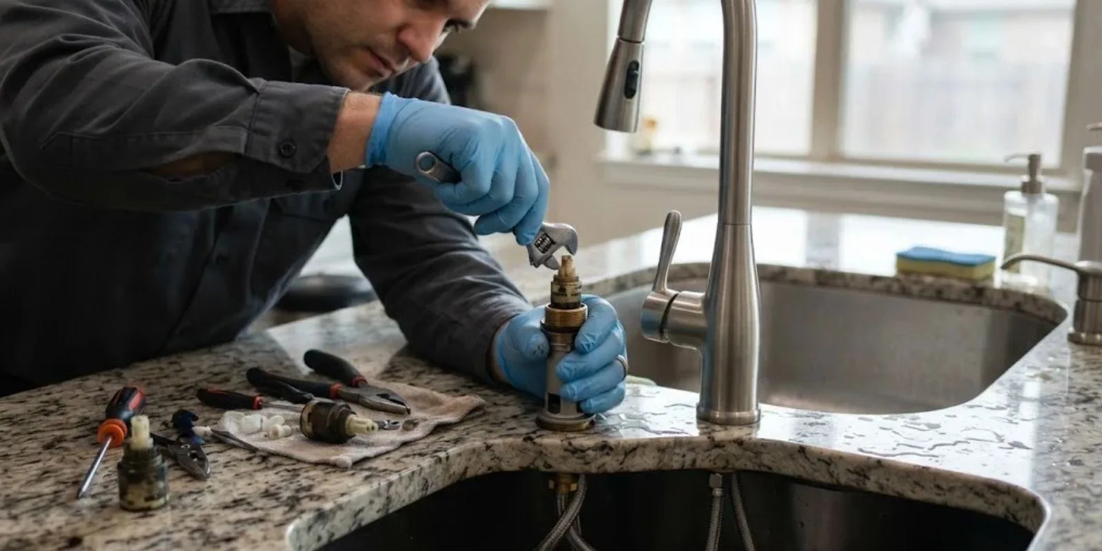 Plumber replacing a faucet cartridge at a kitchen sink