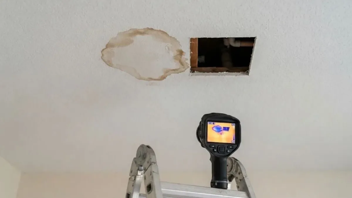 Thermal camera aimed at a water stain on a ceiling