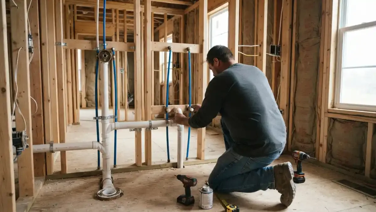 Plumber fitting rough in plumbing between wall studs