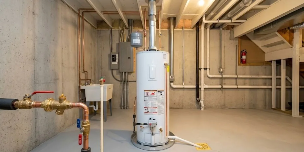 Gas tank water heater in a basement utility room with supply pipes nearby