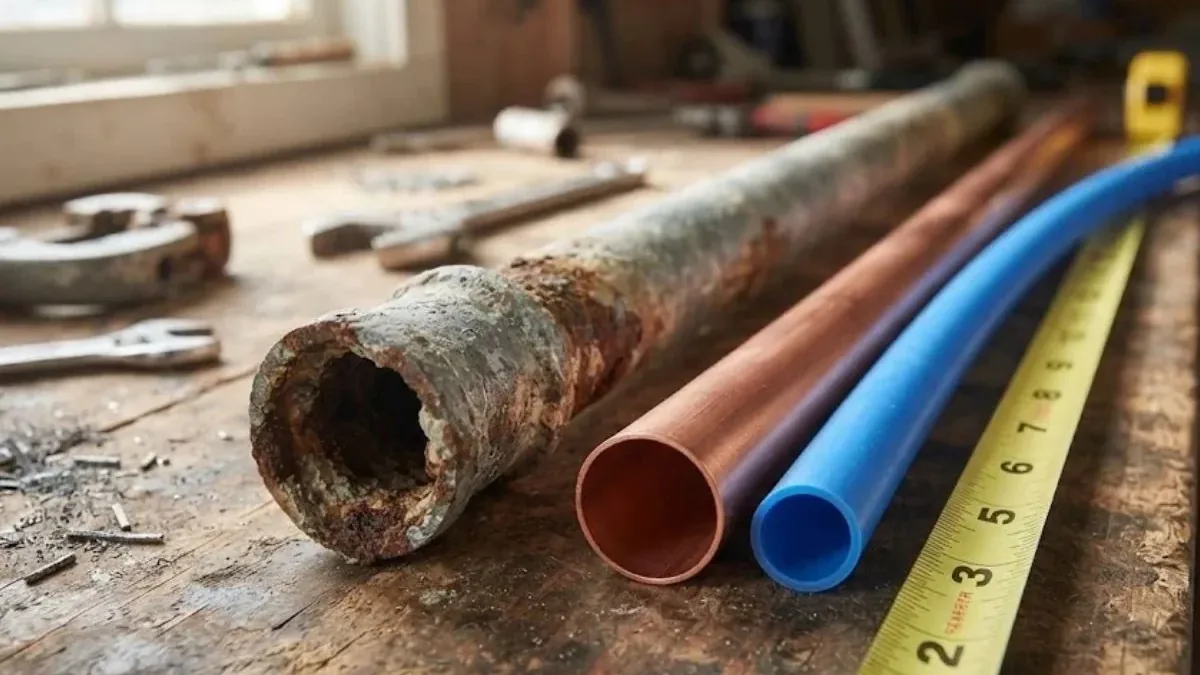 Old rusted pipe next to new copper and PEX pipe