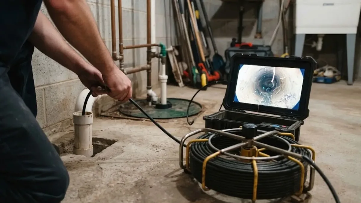Plumber lowering a sewer camera into a basement cleanout with the monitor on the floor