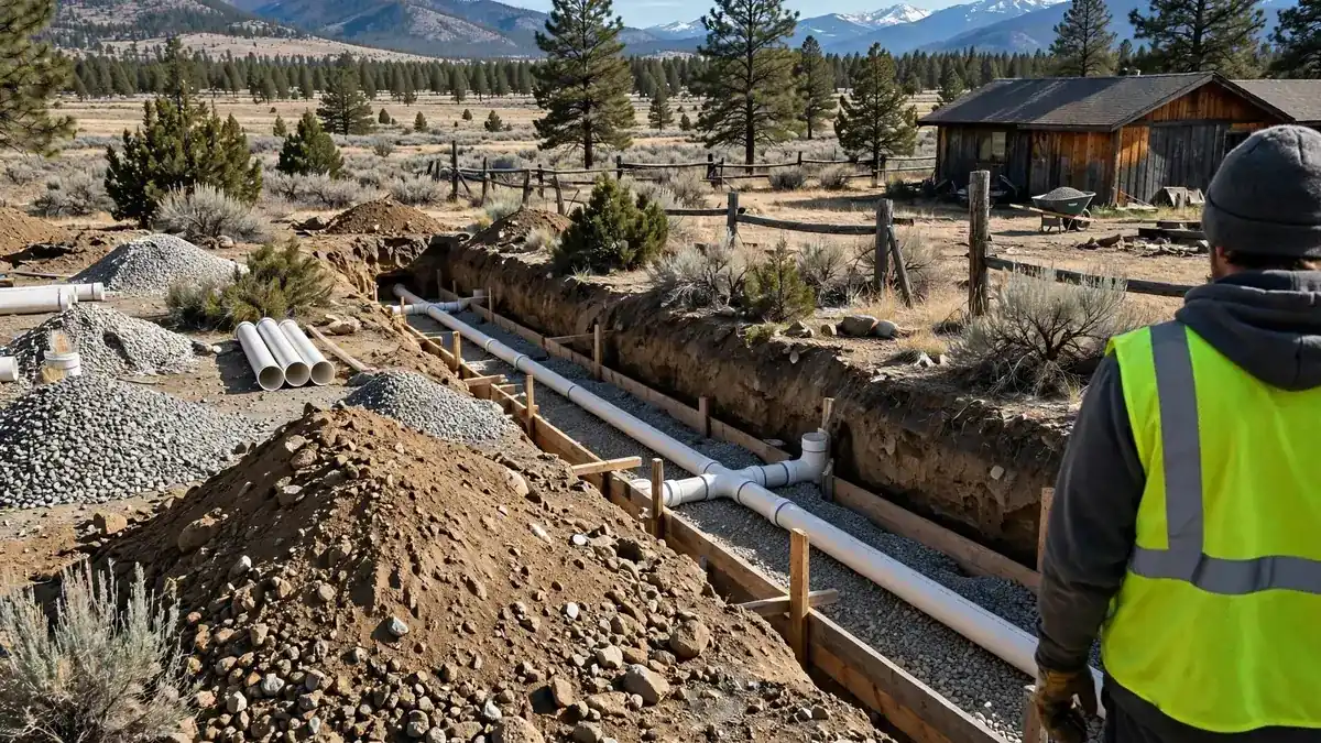 Worker beside an excavated sewer trench with new white pipe laid in gravel