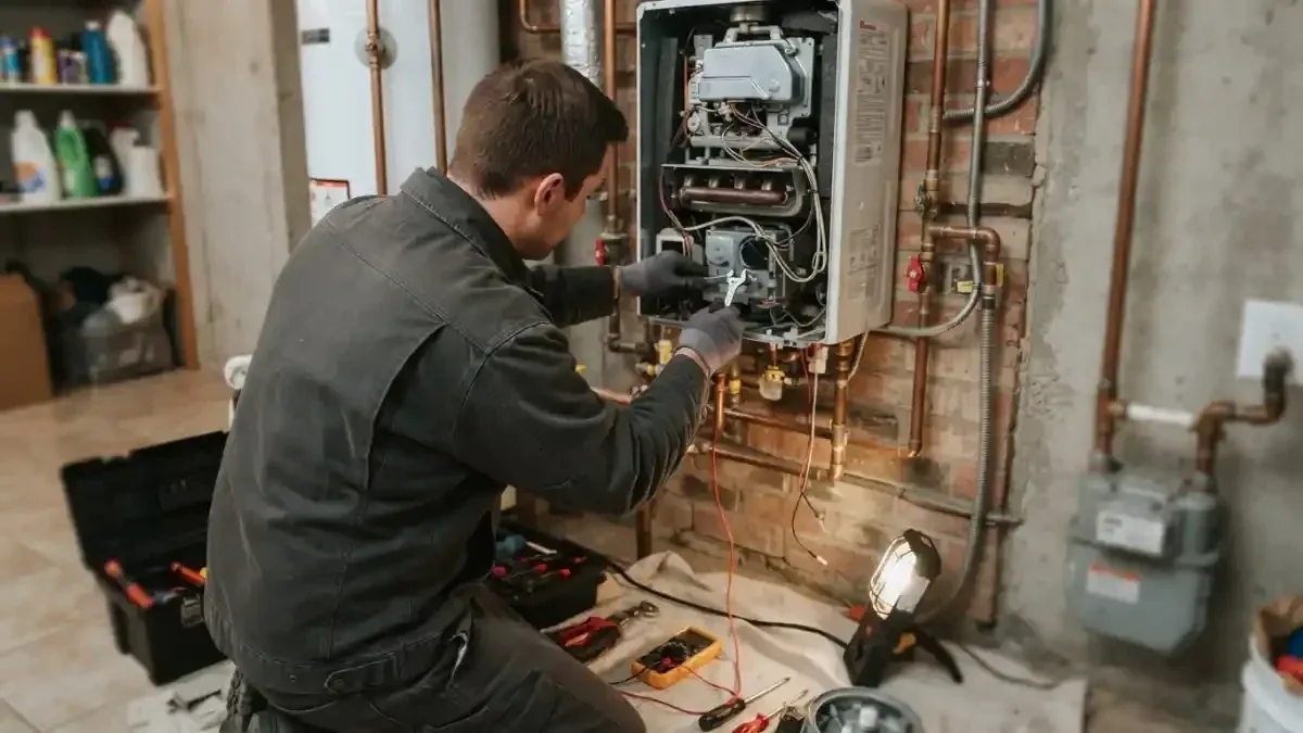 Technician servicing a wall mounted boiler