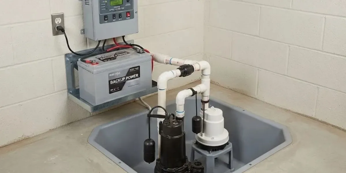 Sump pit with a primary pump and a battery backup pump in a basement