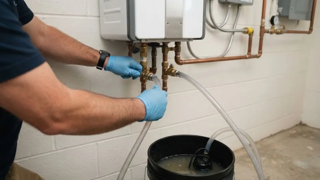 Technician flushing a tankless water heater with a hose and bucket