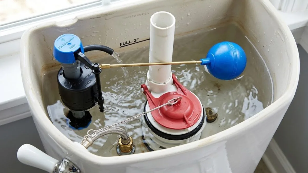 Open toilet tank showing the fill valve and float