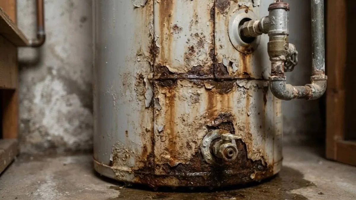 Rusted old tank water heater with corrosion around the fittings