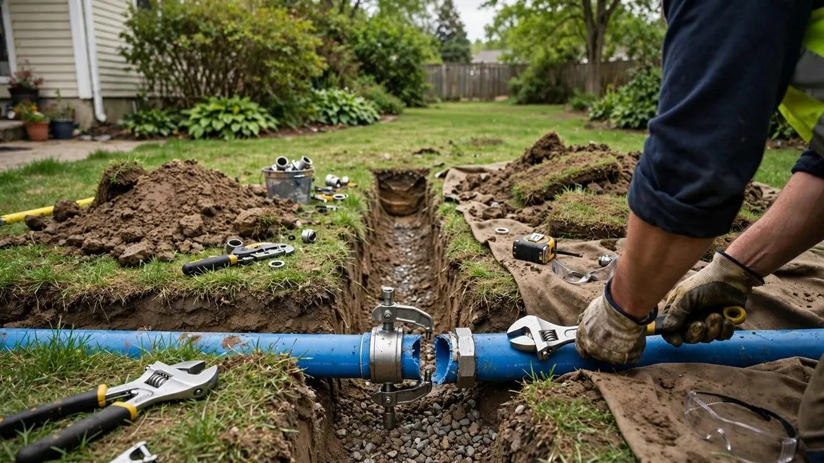 Blue water line being repaired in a yard trench